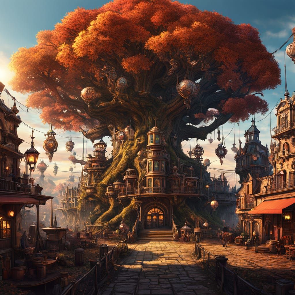 Steampunk City Inside Ancient Tree, Fantasy Art
