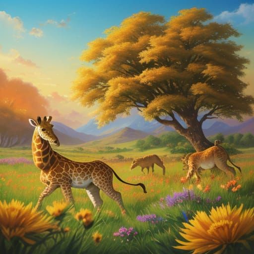 Happy Animals Play in Vibrant Wildflowers, Oil Painting Styl...