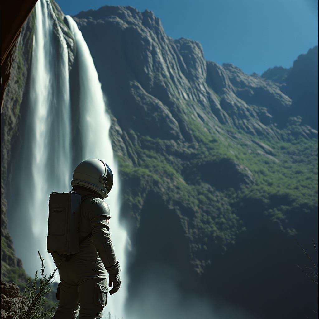 Astronaut Amazed by Waterfall on Alien Planet