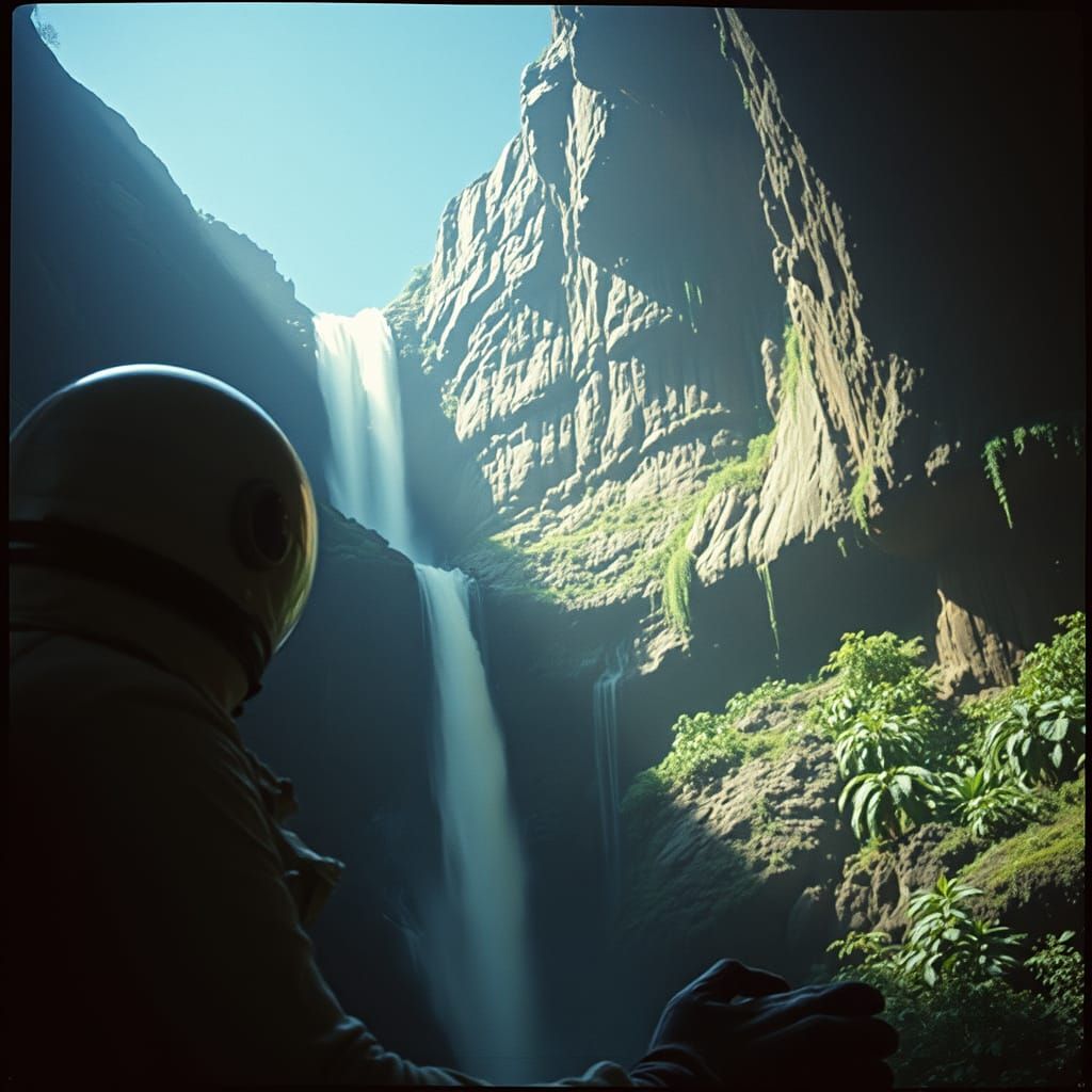 Astronaut Amazed by Waterfall on Alien Planet