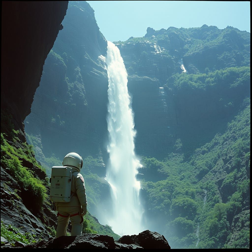 Astronaut Amazed by Waterfall on Alien Planet