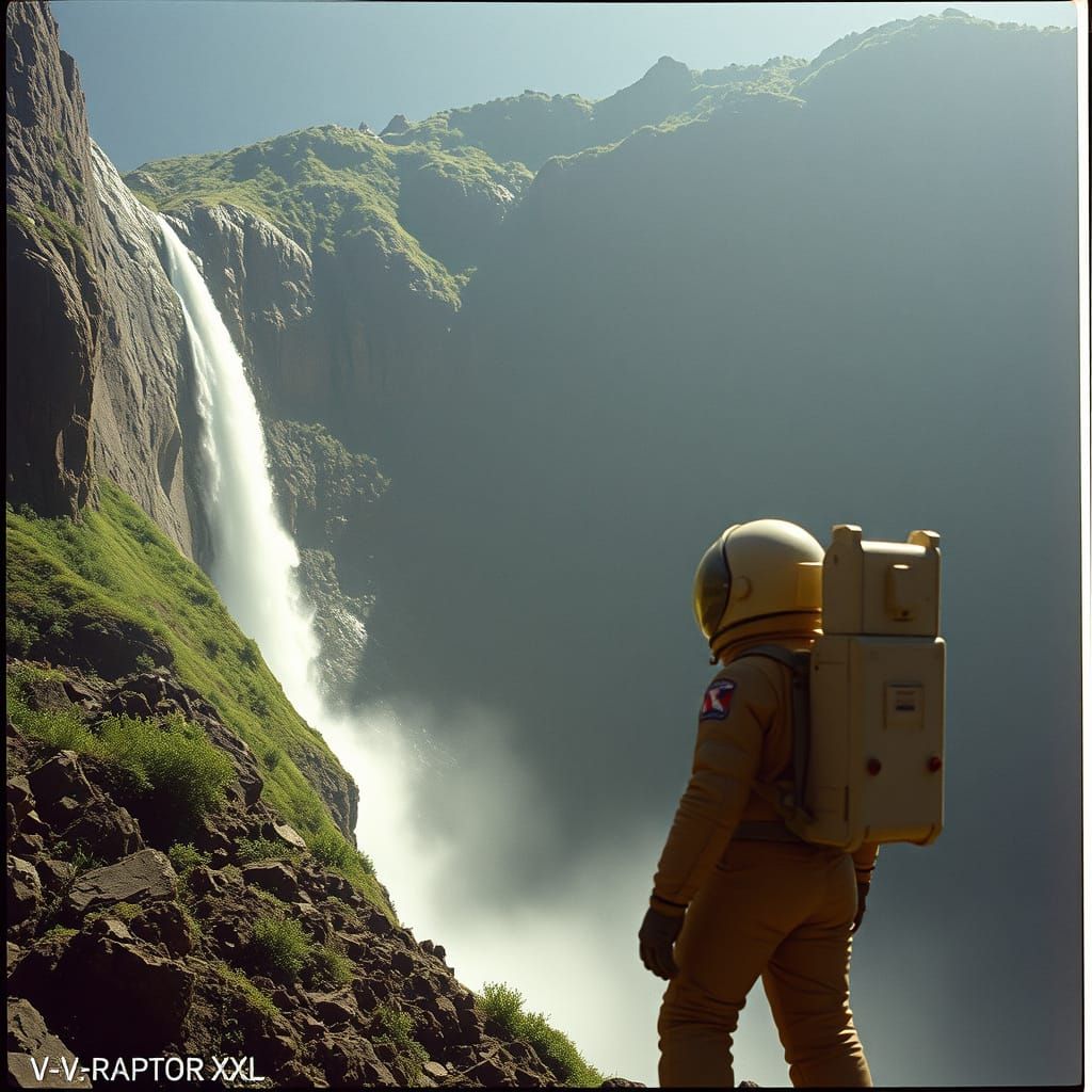 Astronaut Amazed by Waterfall on Alien Planet