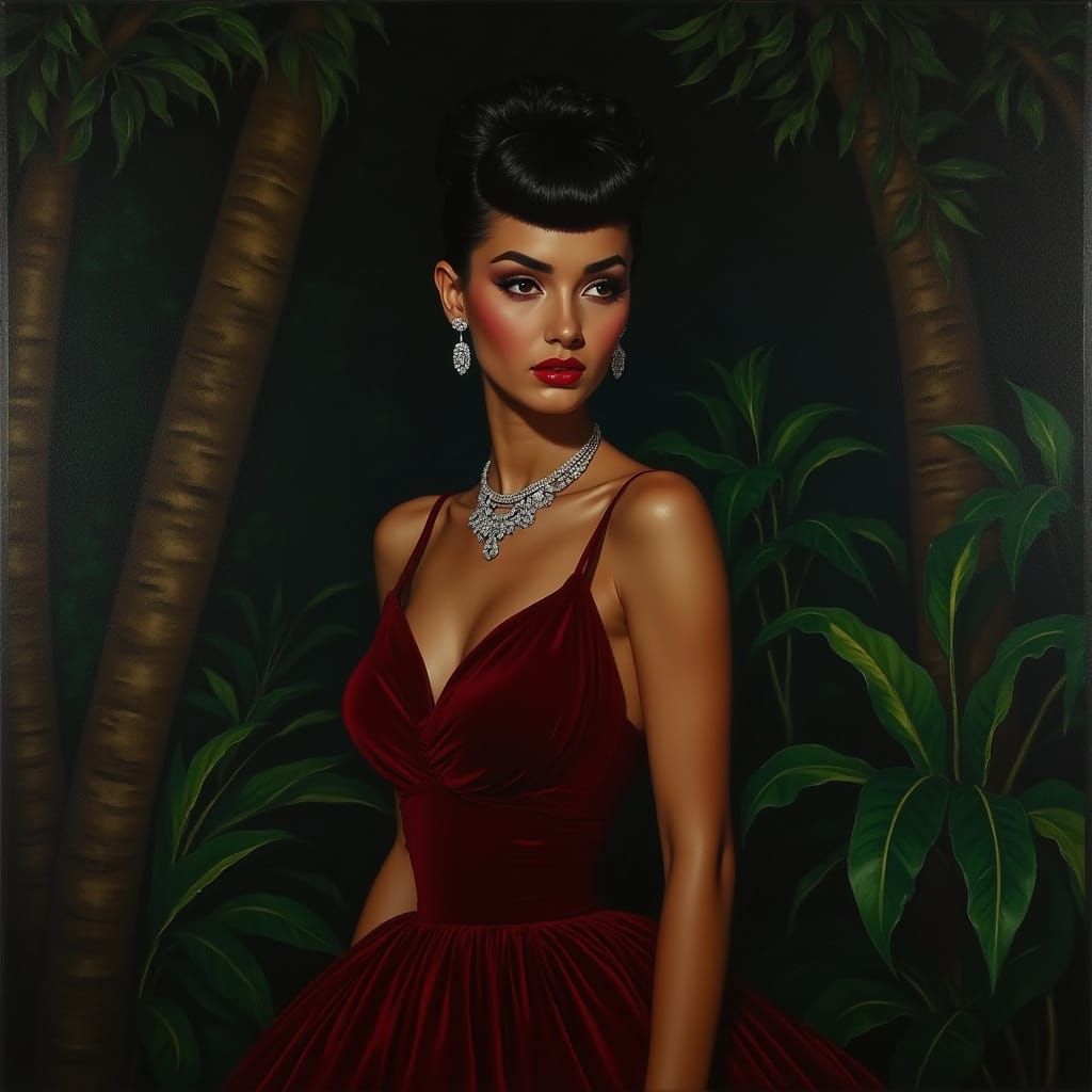 Glamorous Model in Velvet Gown, Pulp Art Style