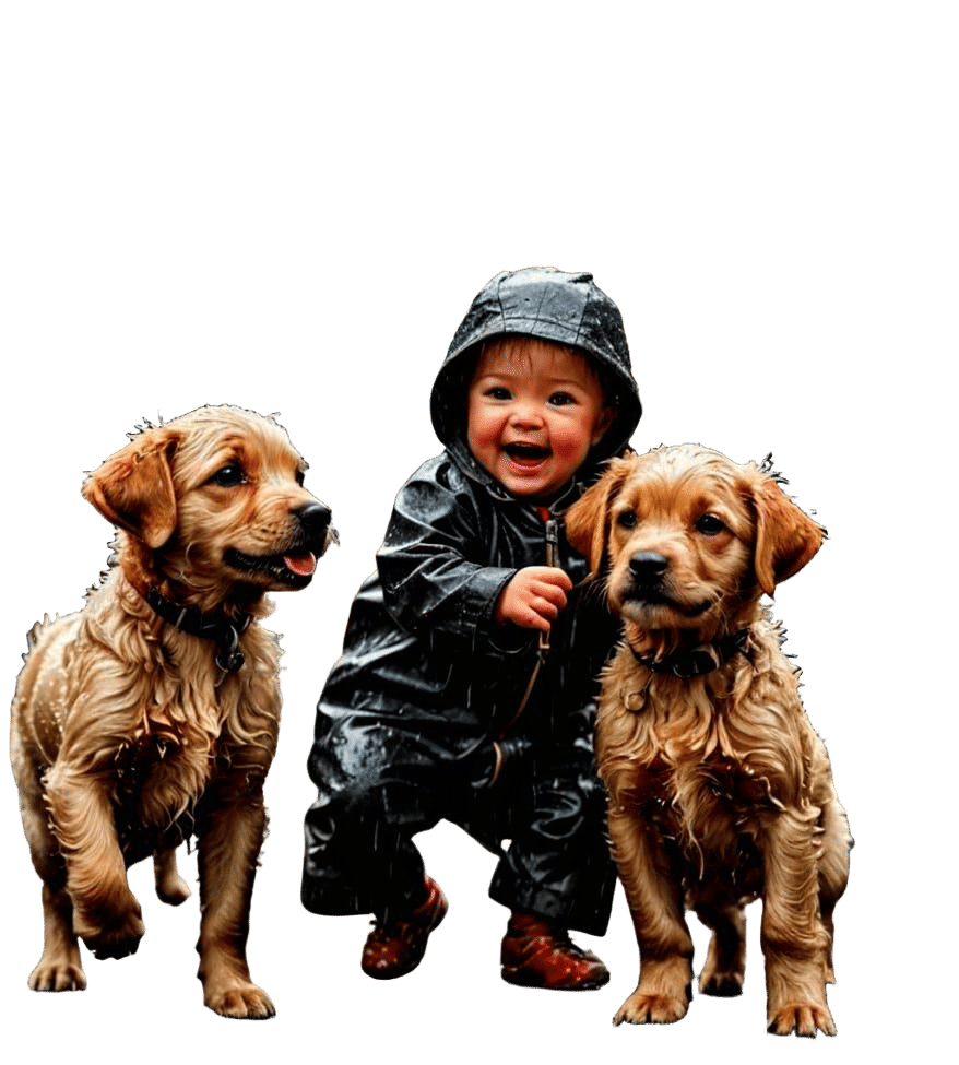 Happy Babies and Puppies Playing in the Rain