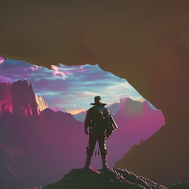 Cowboy on Desert Mountain Peak in Detailed Painting