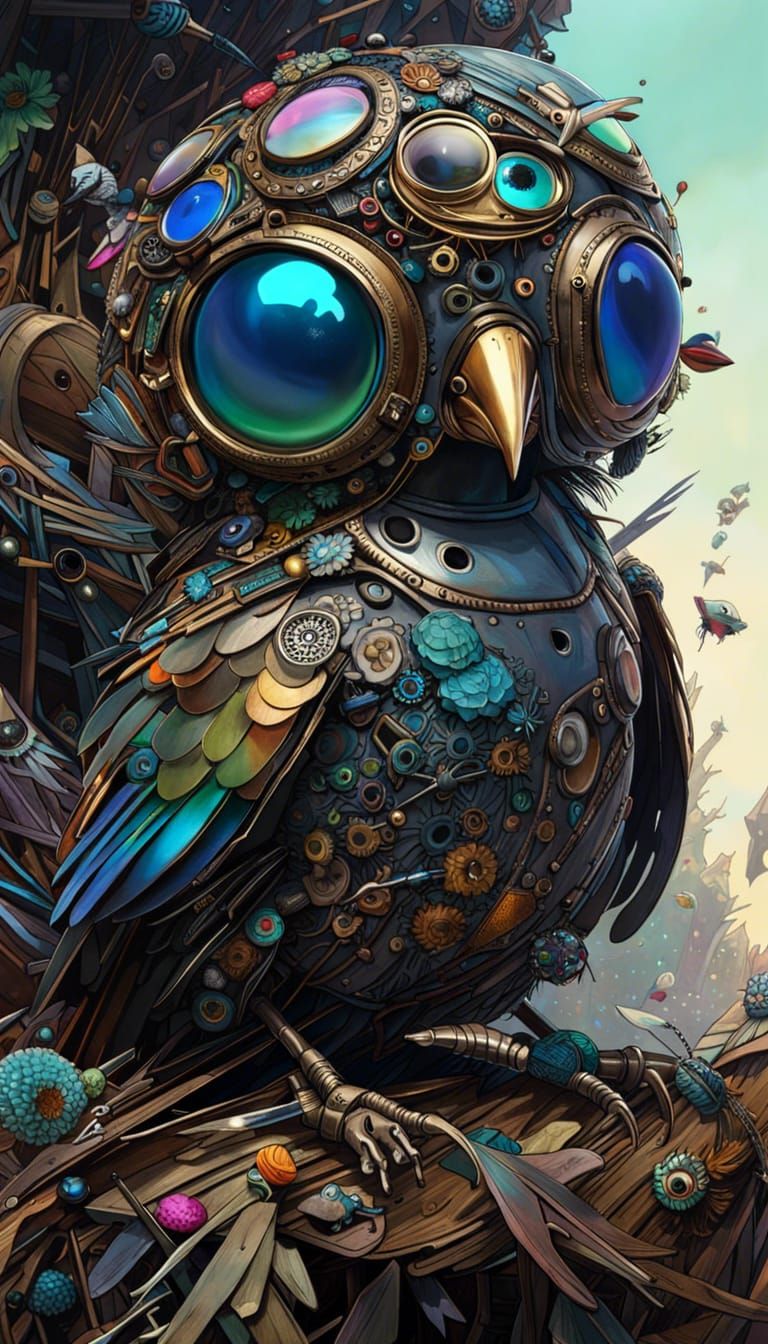 Iridescent Robot Starling Portrait in Detailed Digital Art