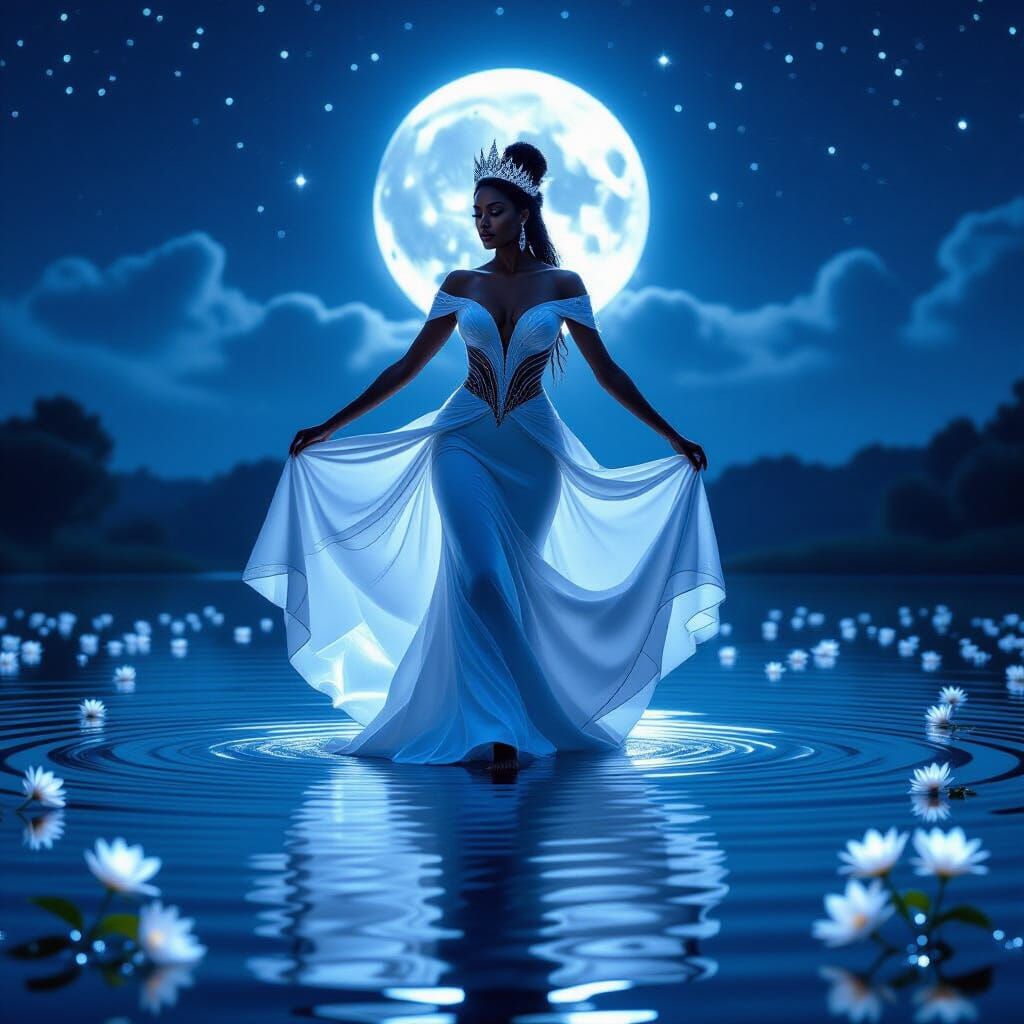 Queen Dancing on Moonlit Lake in Photorealistic Style