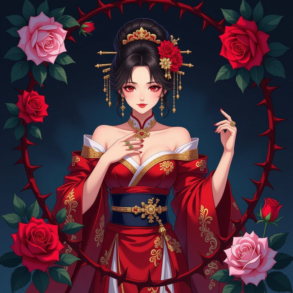Crimson Royalty Amidst Thorns and Roses: Anime Style