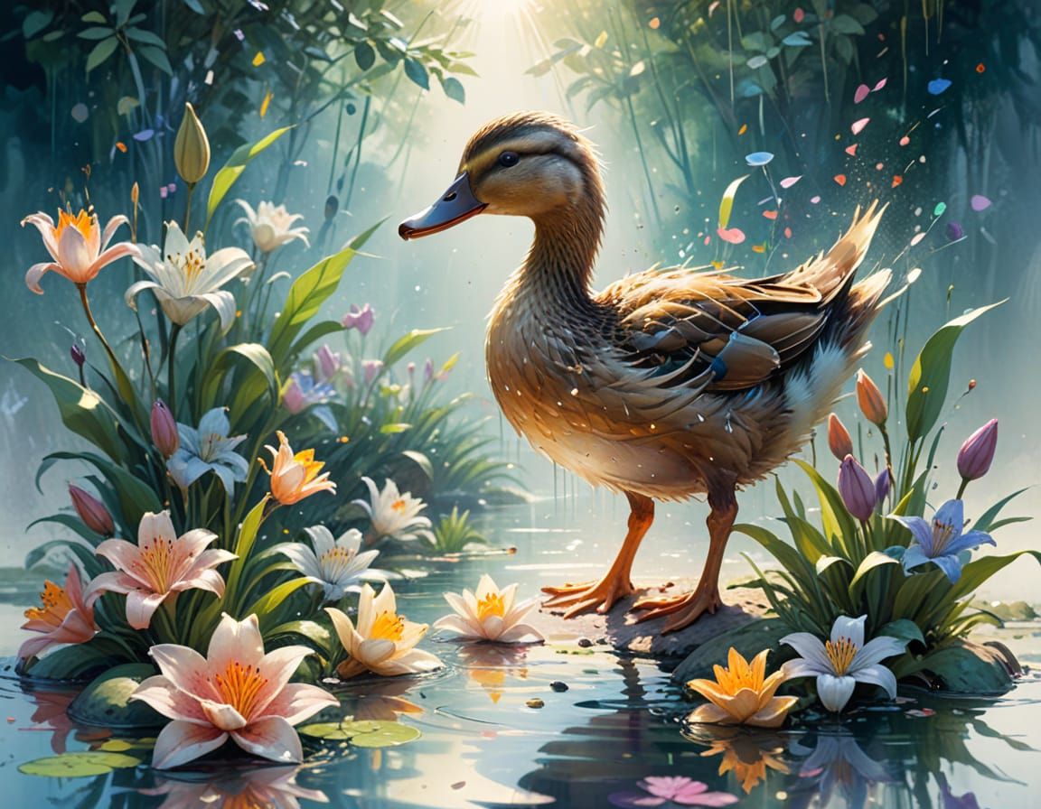 Duckling in Pond: Neo-Impressionist Oil Painting