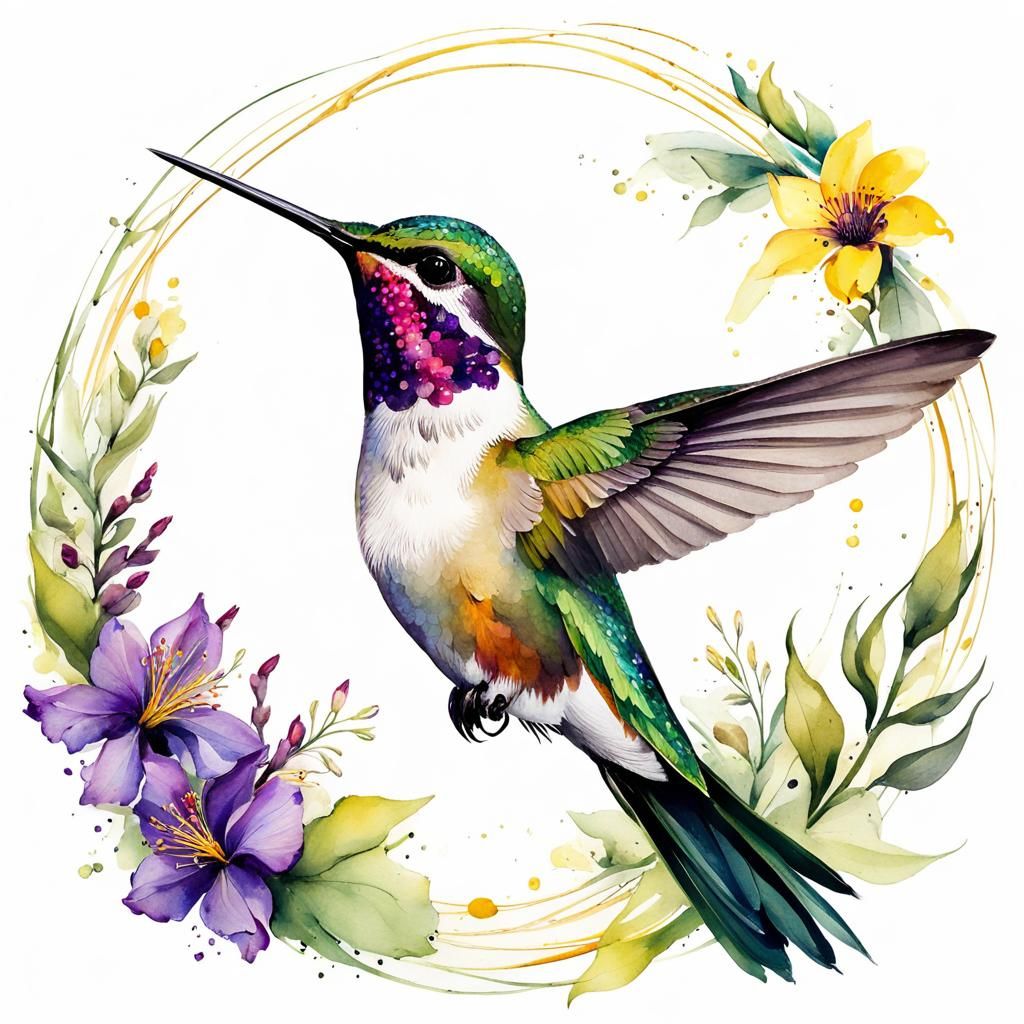 Ruby-Throated Hummingbird in Watercolor Style