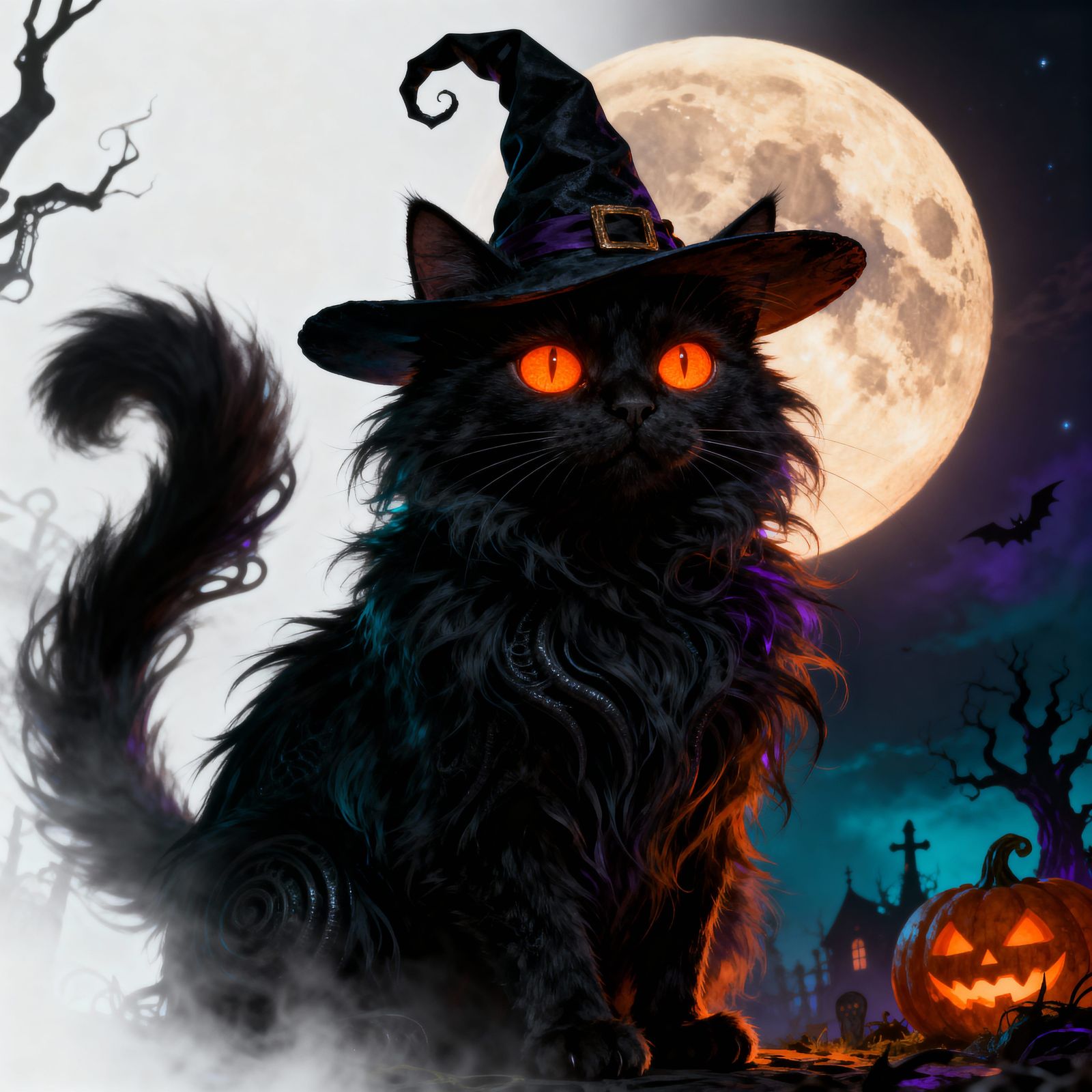 Spooky Black Cat with Witch Hat Under Full Moon