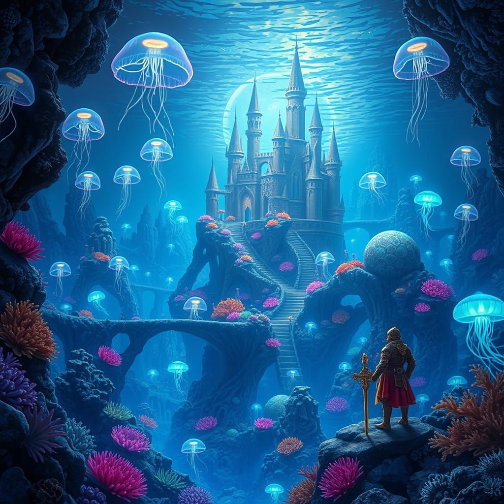 Knight Explores Bioluminescent Underwater City in Surreal St...