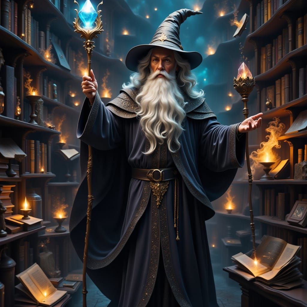 Wise Wizard in Magical Library with Floating Books