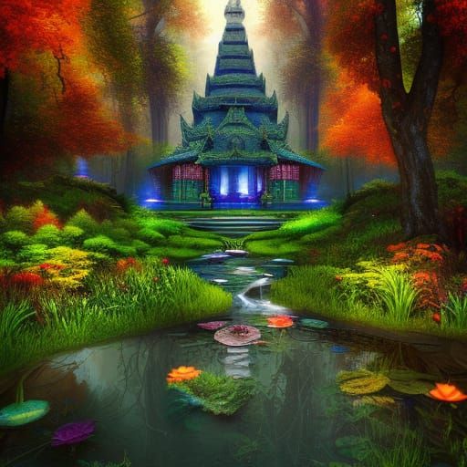 Vibrant Forest Path to Spiritual Temple