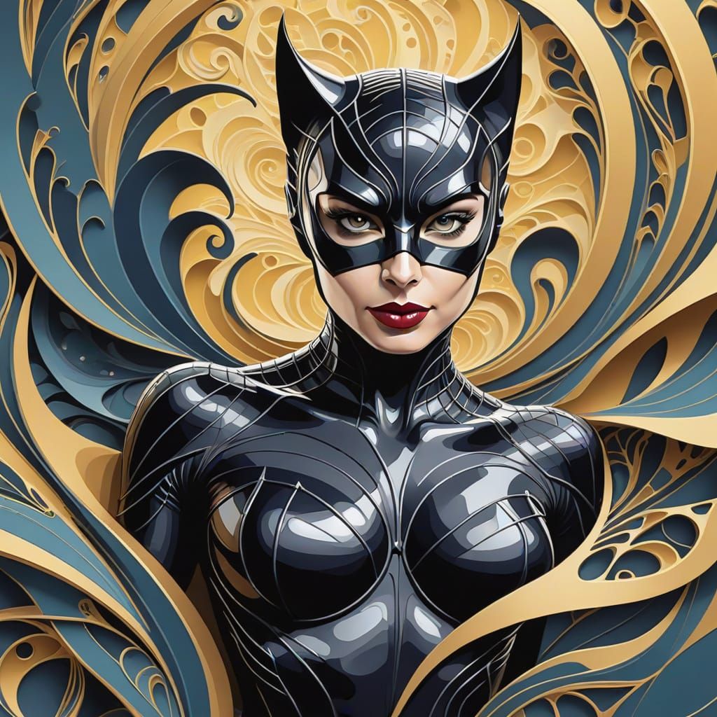Catwoman in Vector Fractal Gouache Style