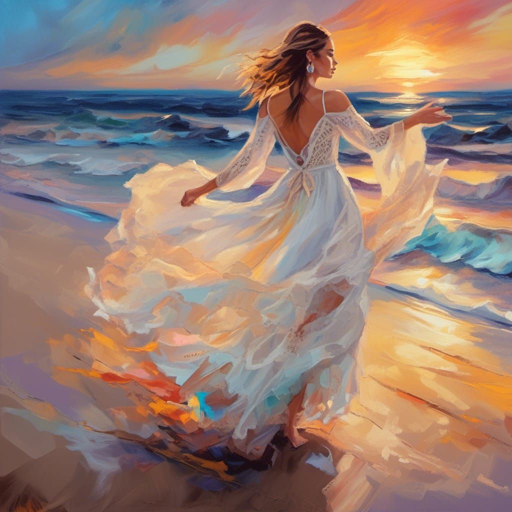 Ethereal Sunset: Oil Painting of Woman on Beach