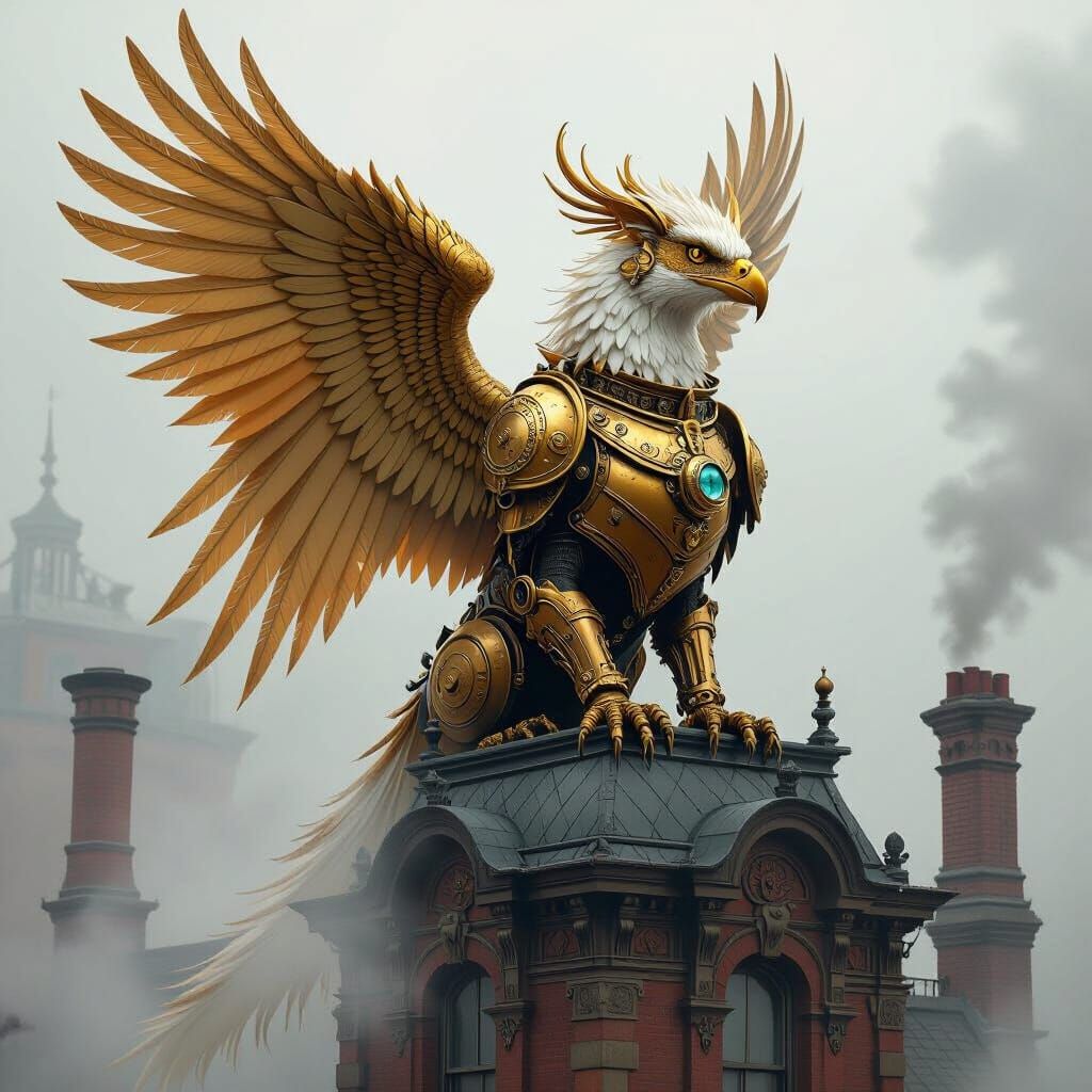 Steampunk Griffin in Victorian City, Syd Mead Style