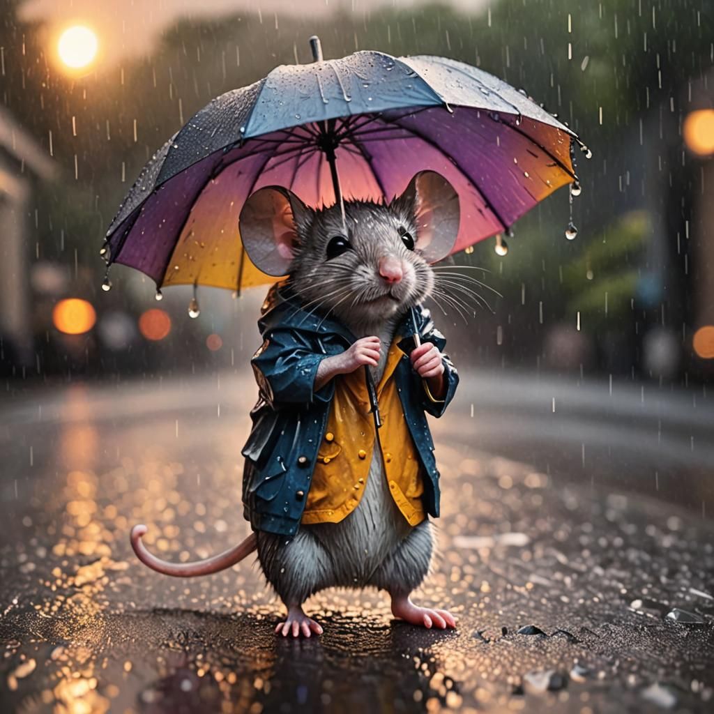 Mouse in Rain with Umbrella at Sunset