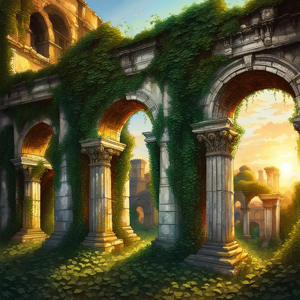 Ancient, Rome, BC, ruins, crumbling, columns, arches, ivy, s...