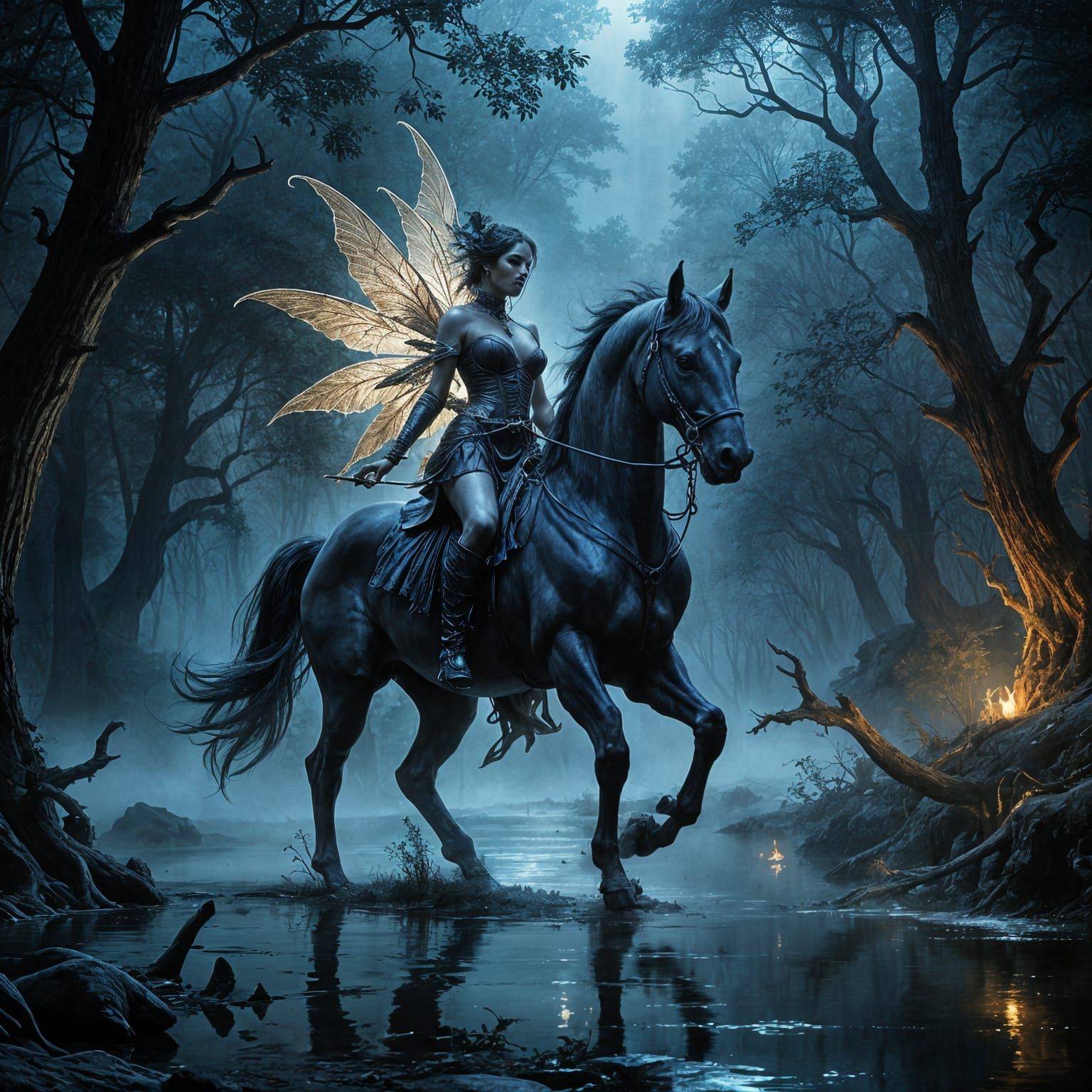 Gothic Fairy Rides Dark Horse Under Twisted Trees
