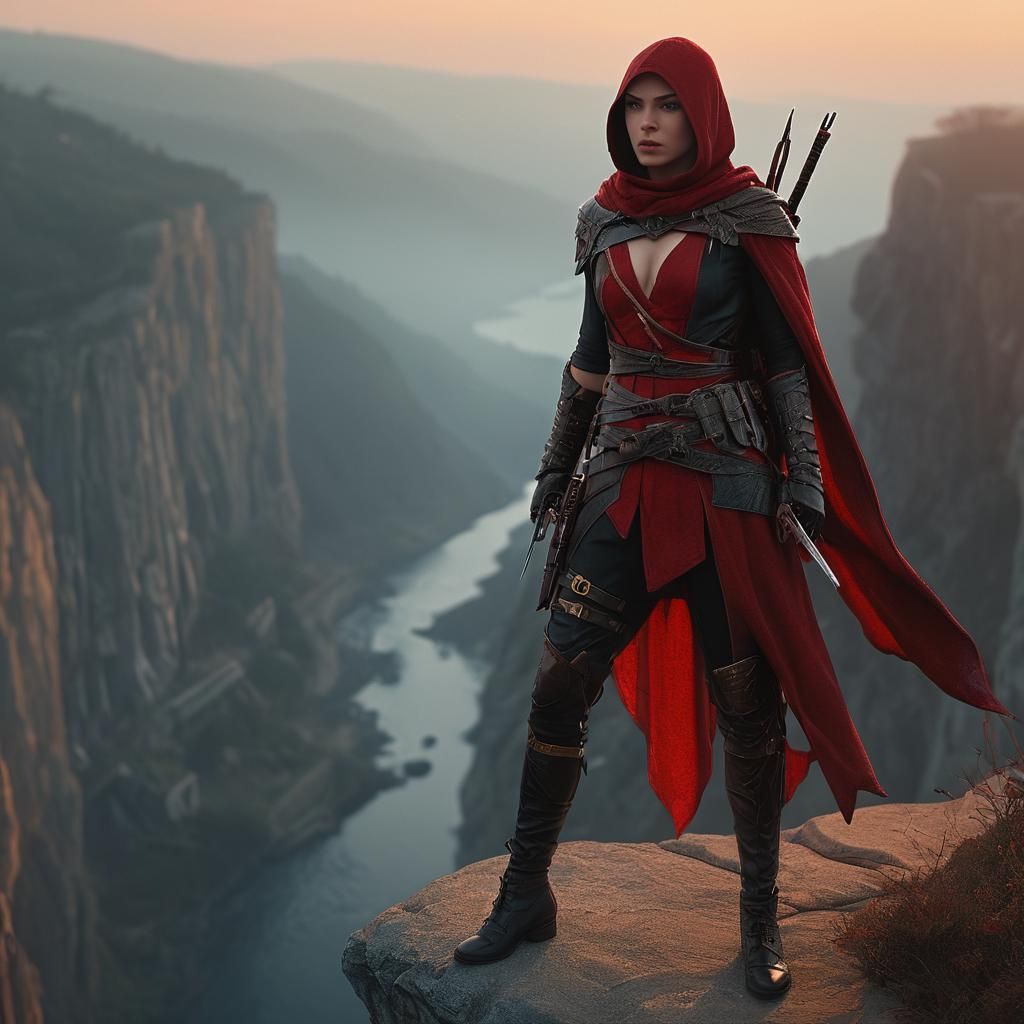 Female Assassin on Cliff in Comic Style