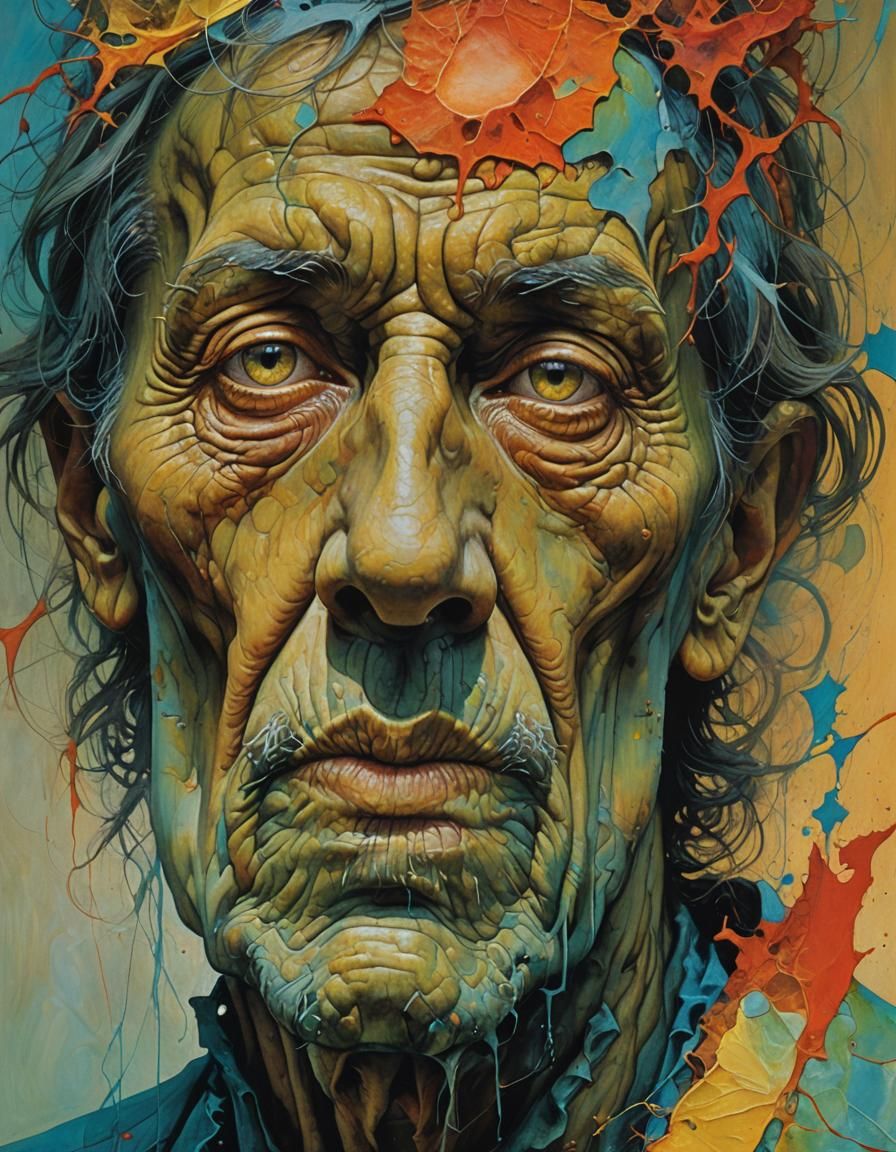 Surreal Wrinkled Male Portrait in Gouache