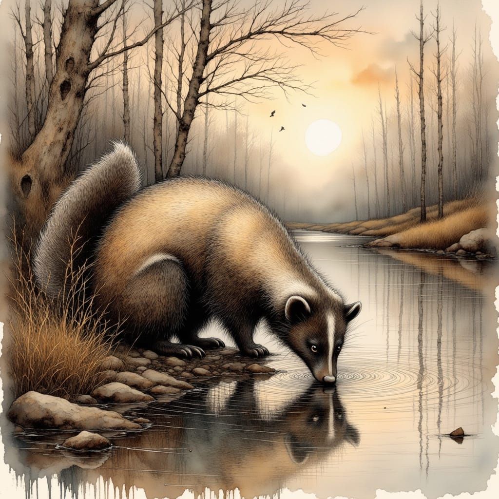 Skunk Drinking at Pond in Wildlife Art Style