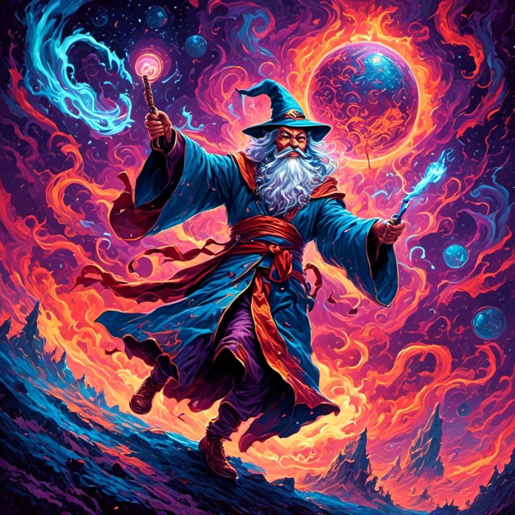 Trippy Wizard in Neon Rave Setting