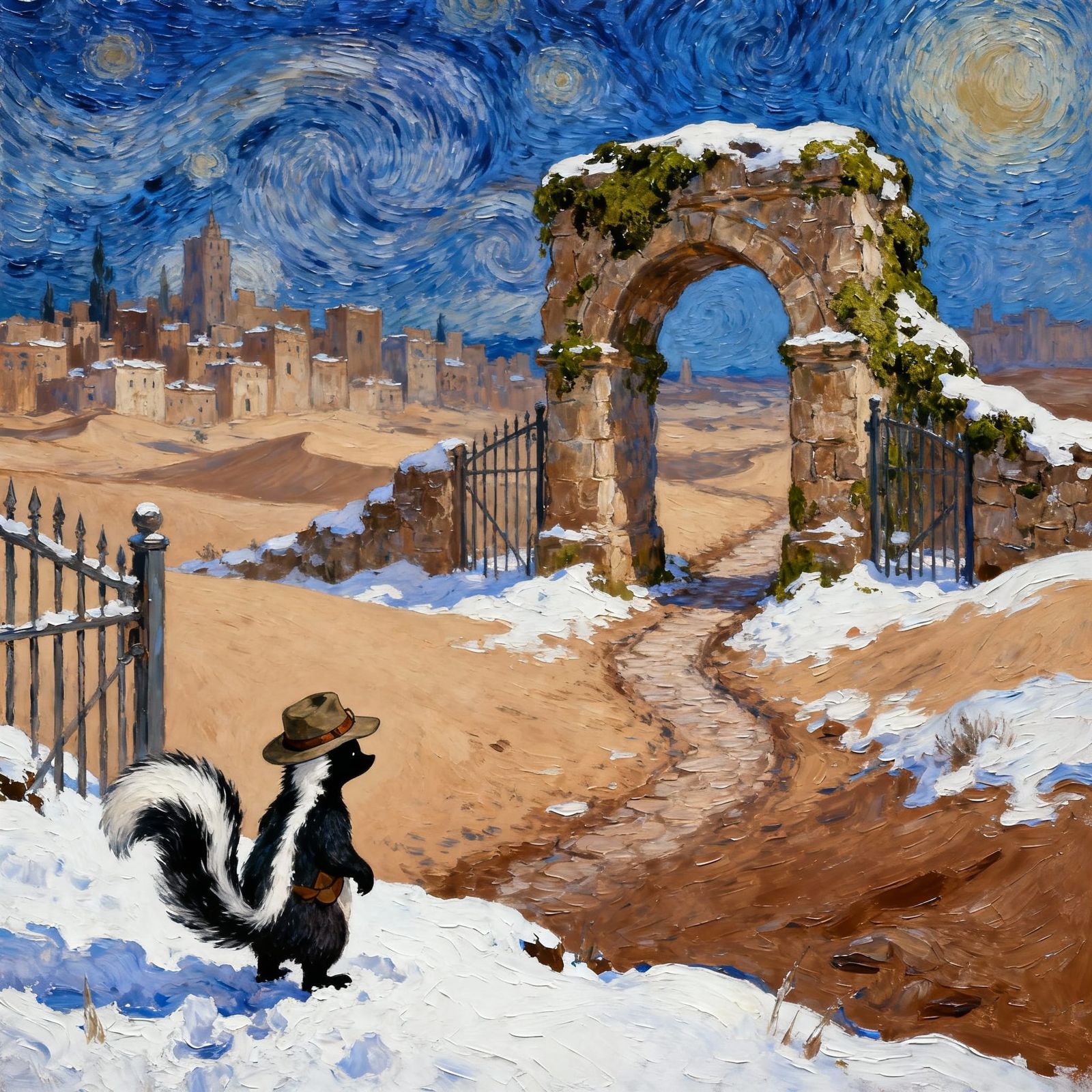 Skunk Explorer at Snowy Desert Gate in Impasto Style