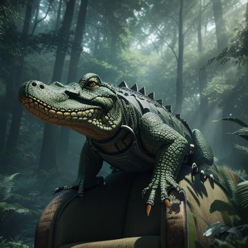 Crocodile in Enchanted Forest, Futuristic Render