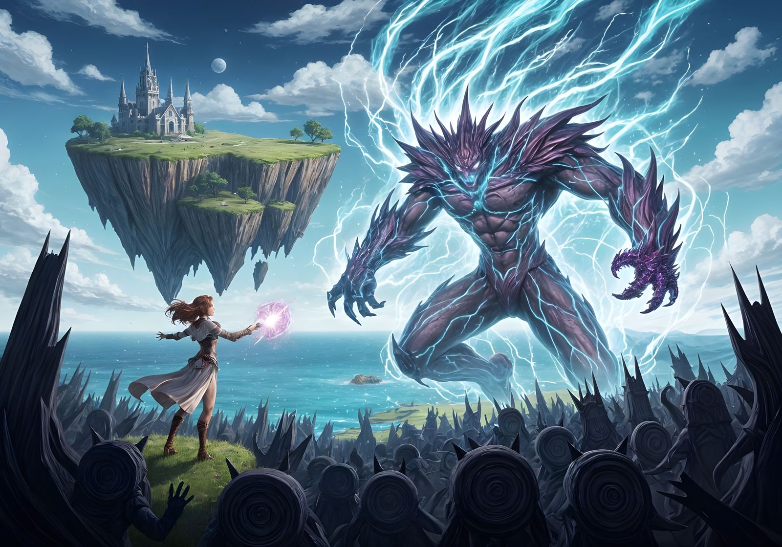 Sorceress Summons Storm Elemental to Defend Floating Island