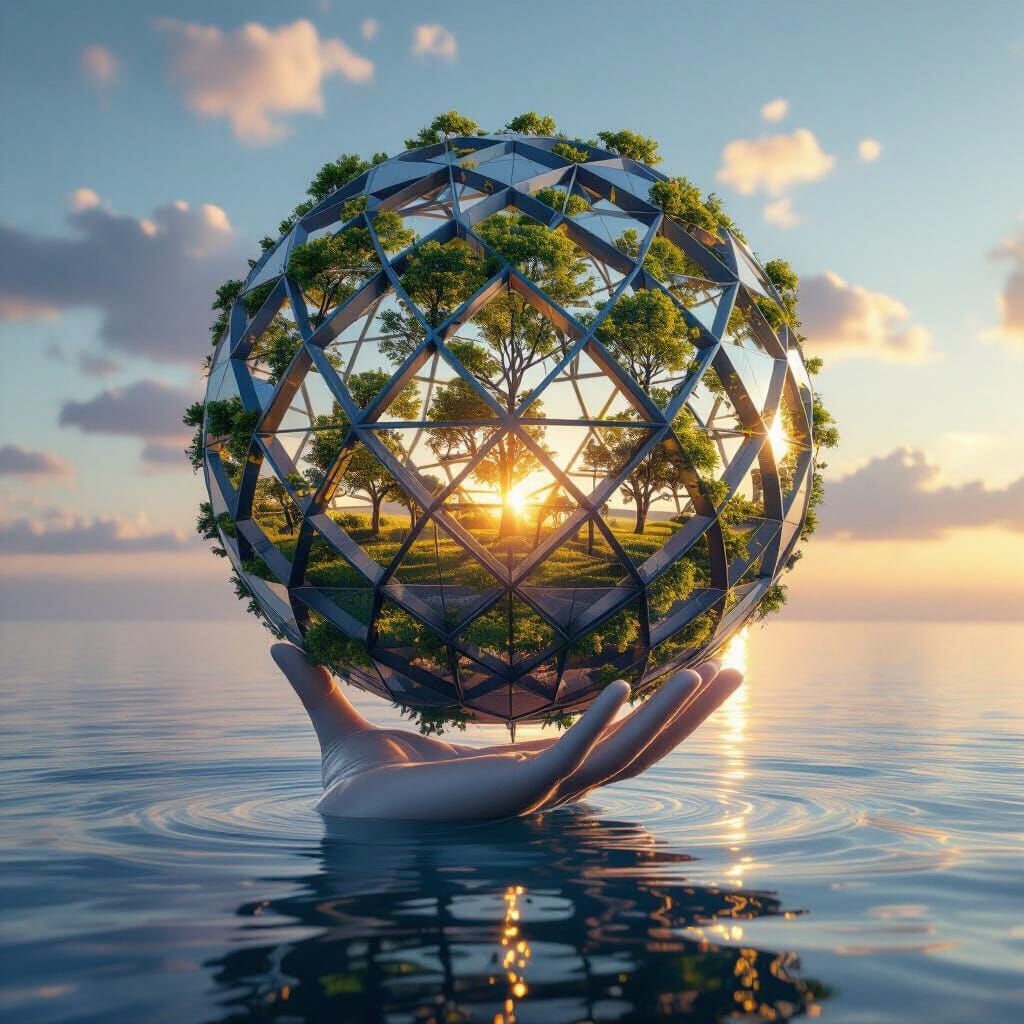 Giant Rhombus Sphere With Trees Floats Above Serene Sea