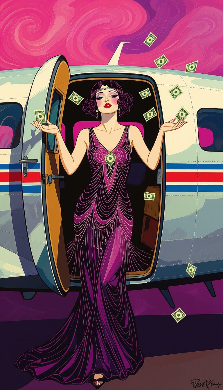 Art Nouveau Woman Throws Money from Airplane