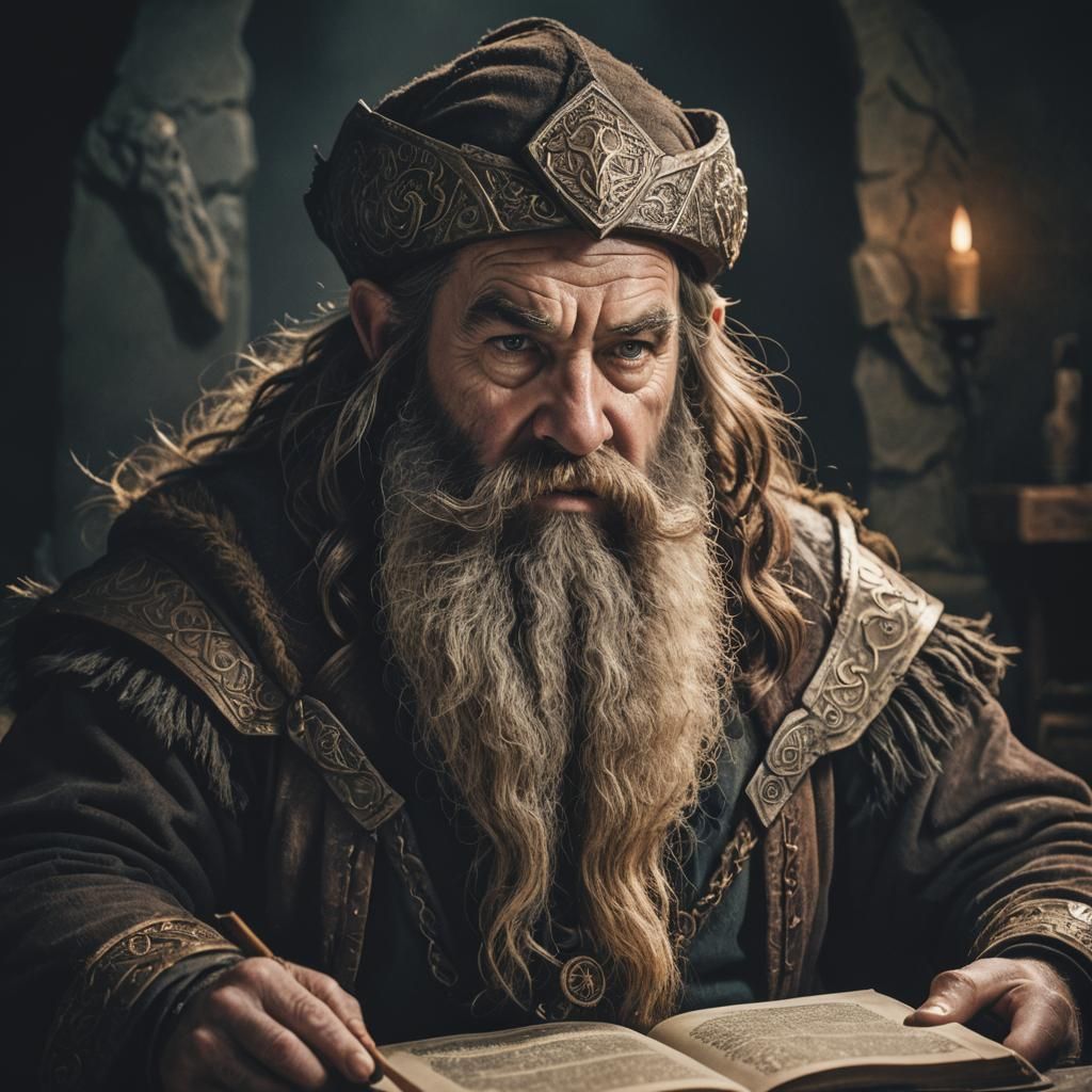 Dramatic Portrait of a Dwarven Wizard with Spellbook