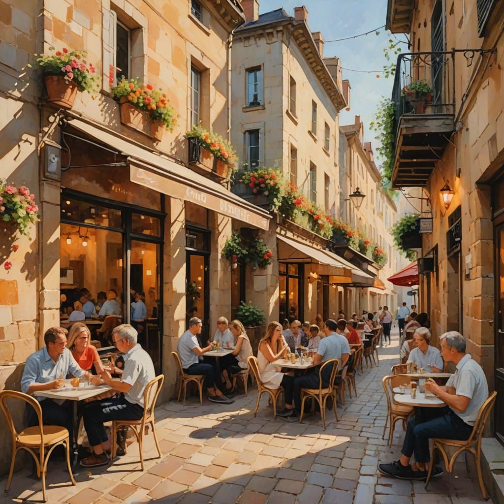 Impressionist Painting of French Cafe in Summer