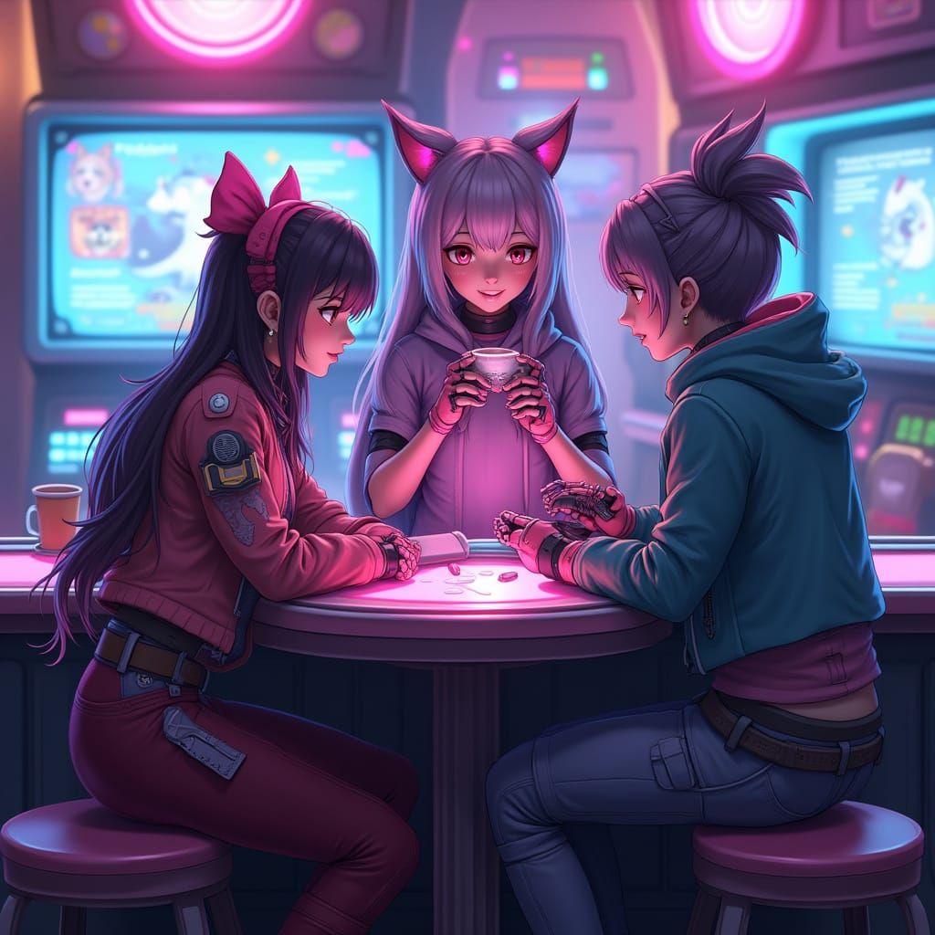 Robot Heroes in a Futuristic Arcade with Neon Lights