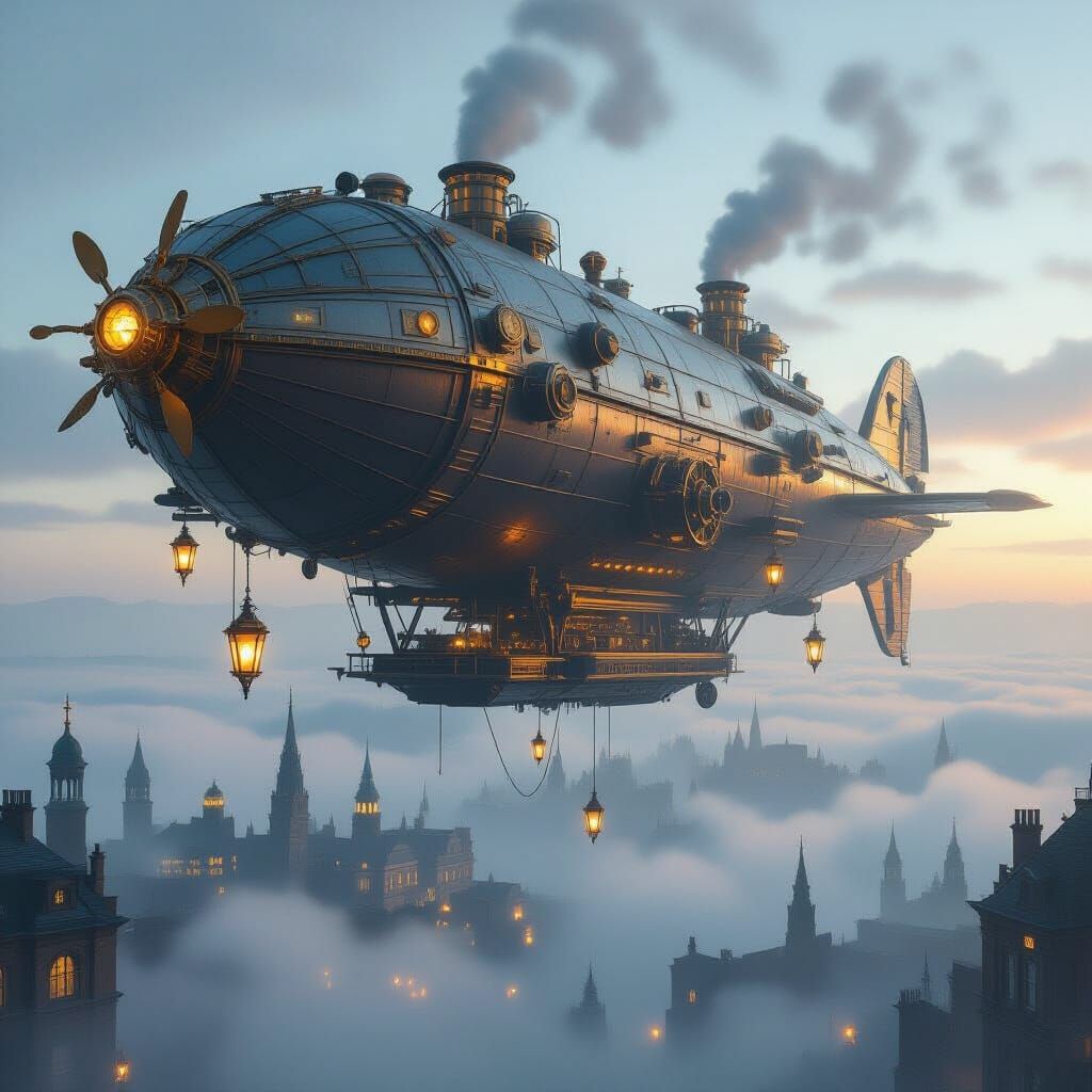 Steampunk Airship Above Foggy Victorian City