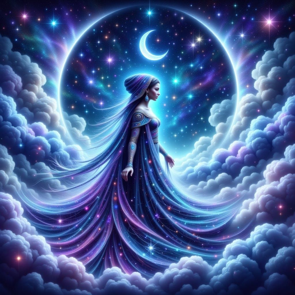 Mystical Woman Under Indigo Night Sky with Zodiac Constellat...