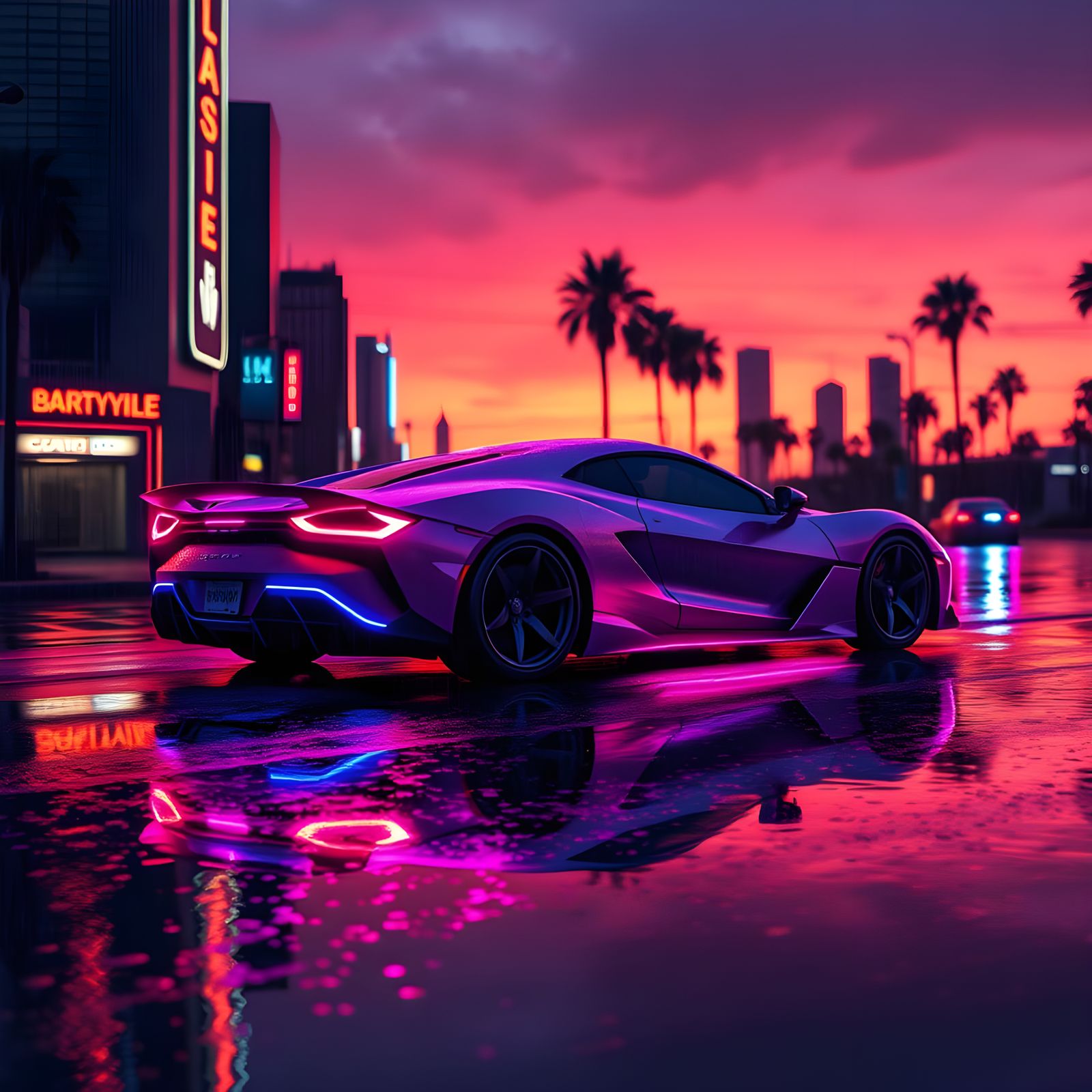 Retro-Futuristic Neon Car Speeds Through 80s City Night