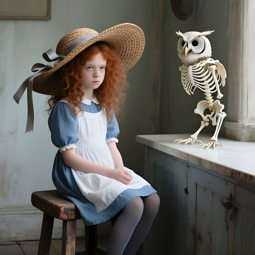 Whimsical Portrait of Girl with Owl Skeleton