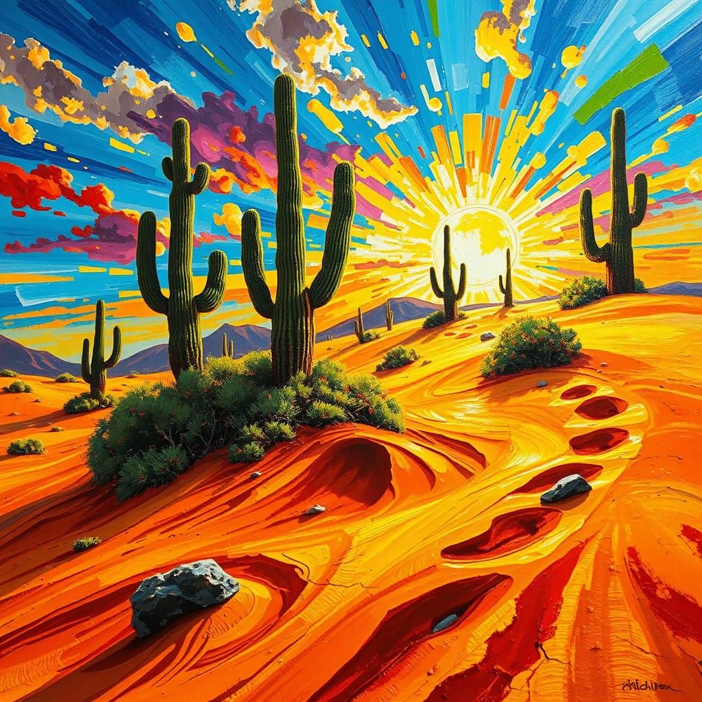 Vibrant Desert Landscape as Impasto Painting
