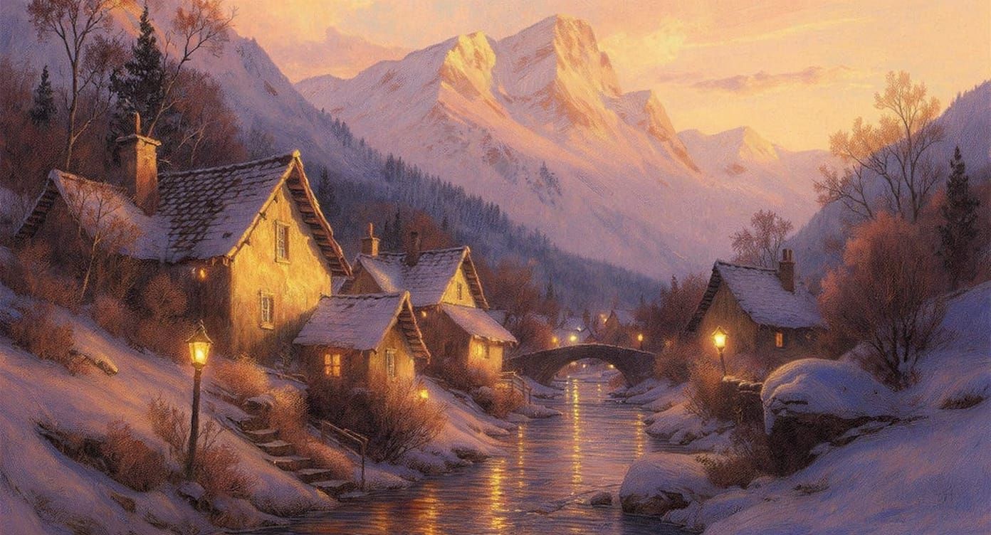 Mountain Village at Twilight in Oil Painting Style