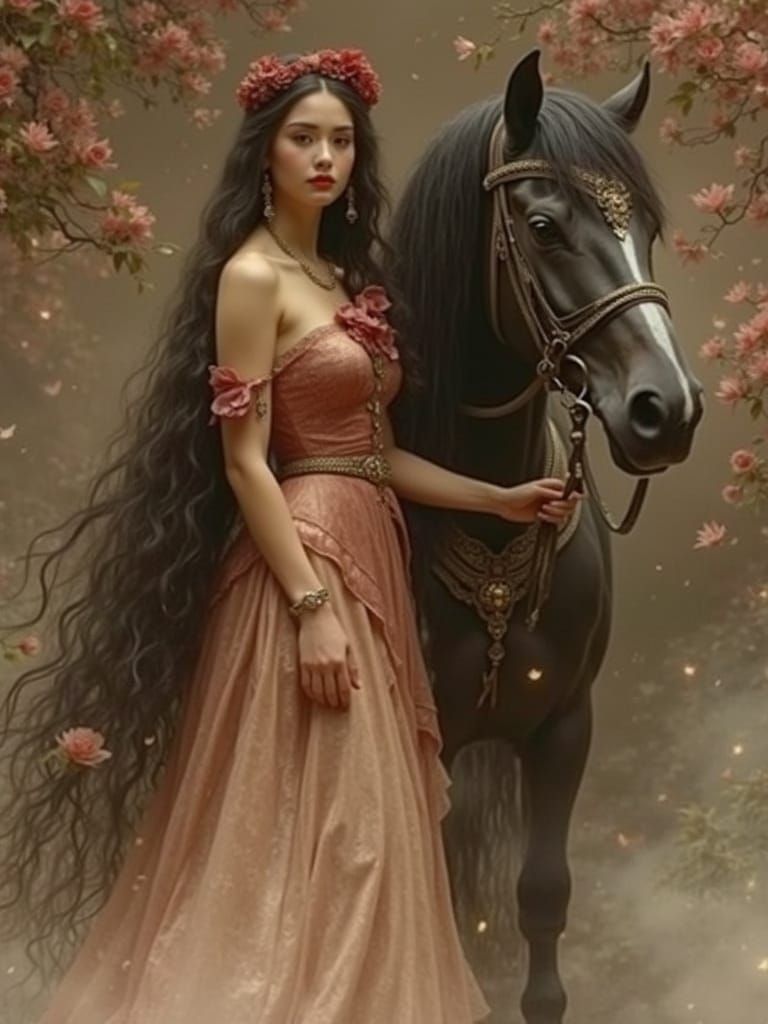 Majestic Black Horse & Woman in Red Dress