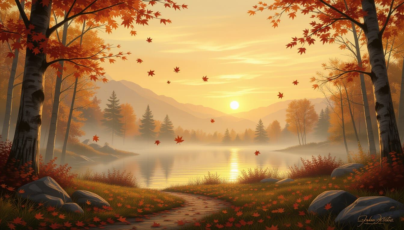 Dreamy Autumn Sunset Landscape in Golden Light