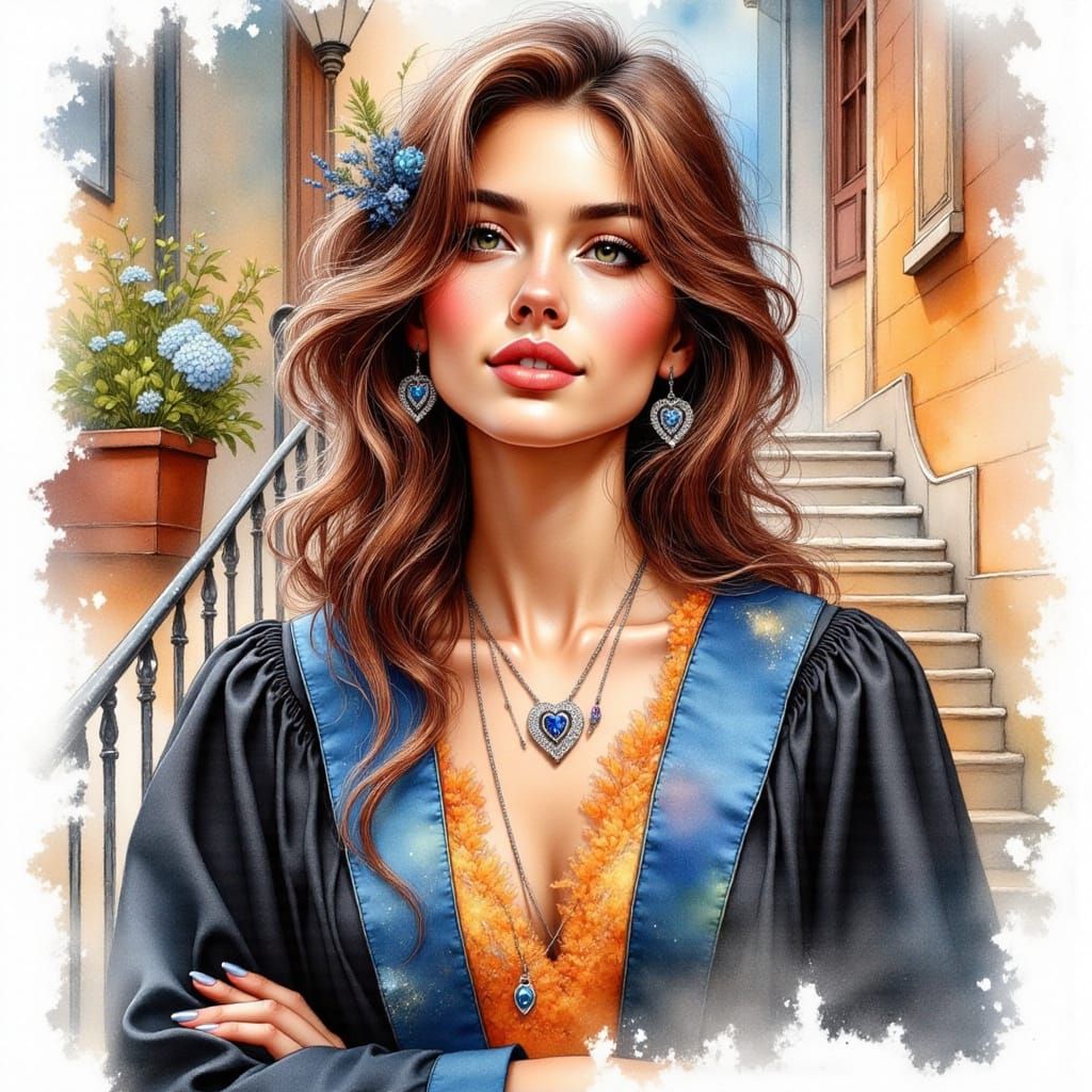 Elegant Young Woman in Graduation Attire with Sapphire Neckl...