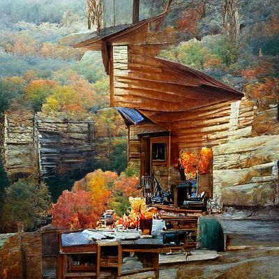 Ozark Mountain Cabin in Autumn, Oil Painting