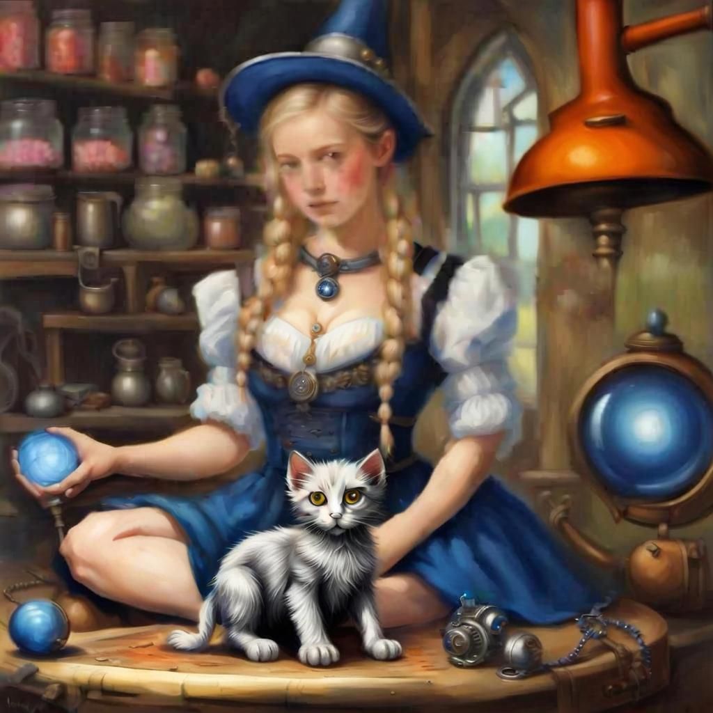 Kitten with Small Orange Eyes and Steampunk Engine