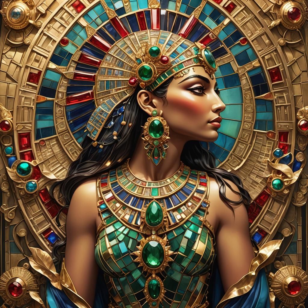 Egyptian Goddess Brooch in Gold and Precious Stones