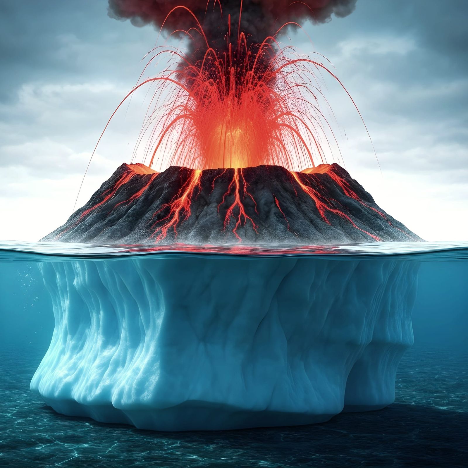 Hyperrealistic Underwater Volcano Iceberg Eruption