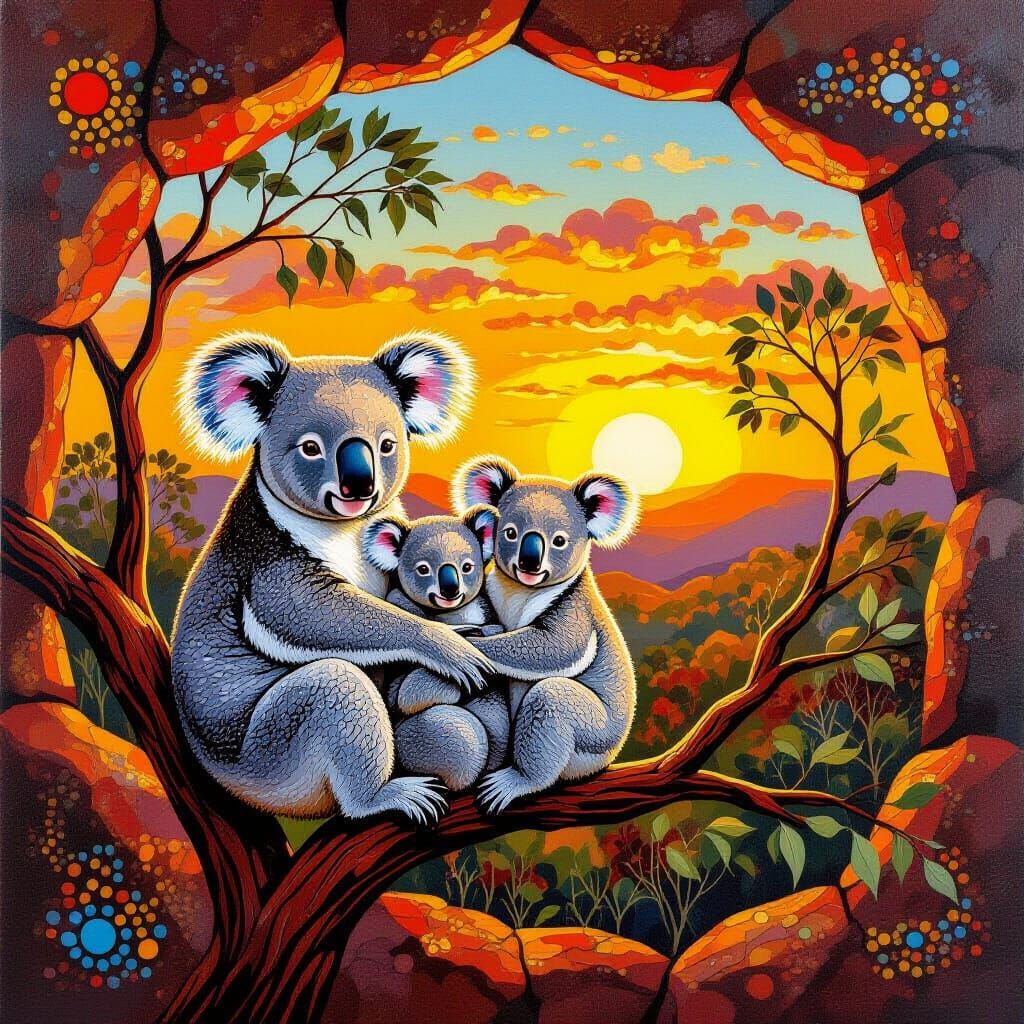 Koala Family Sunset: Aboriginal Dot Painting